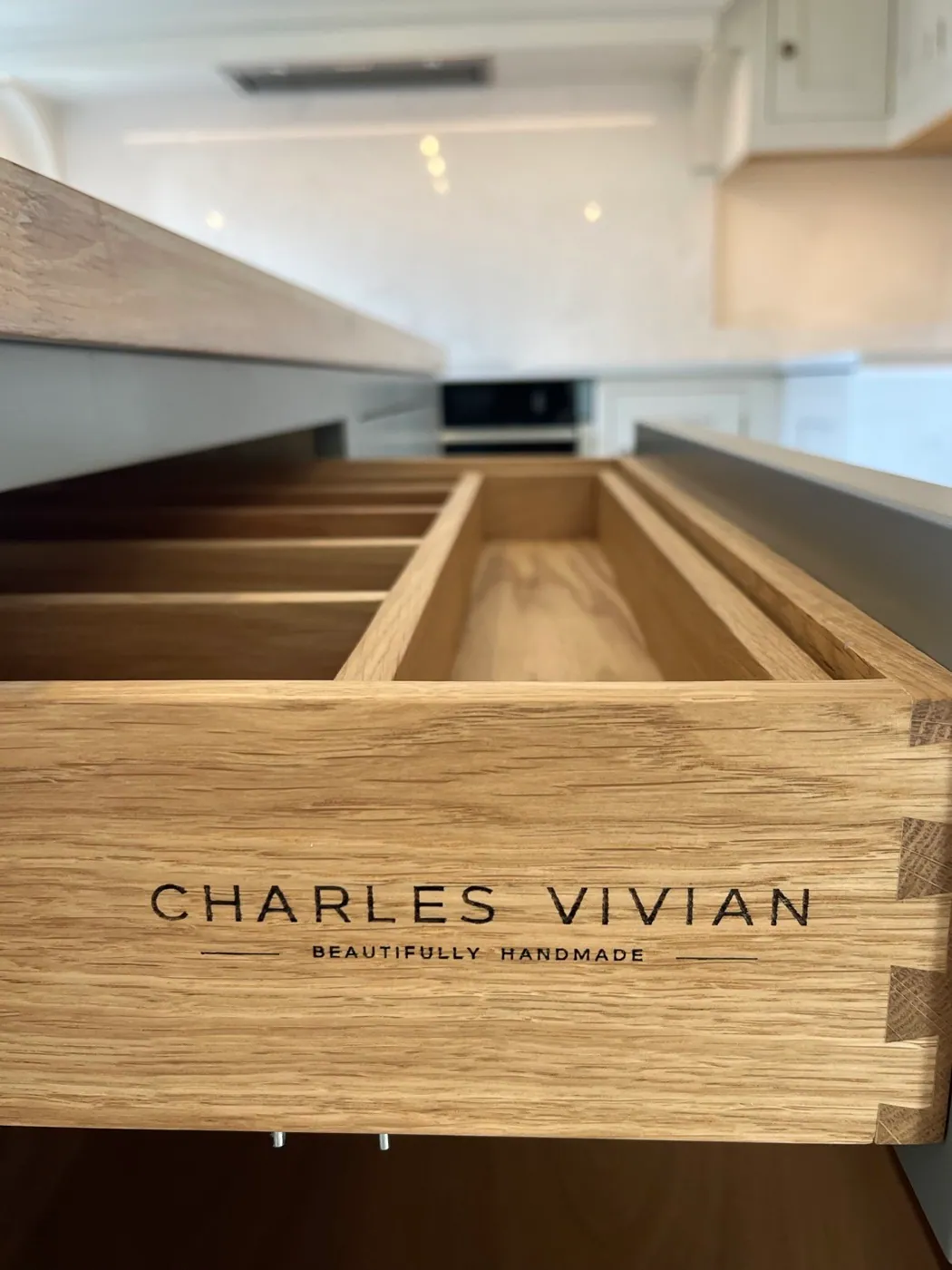 A dovetailed oak drawer engraved Charles Vivian — Beautifully Handmade