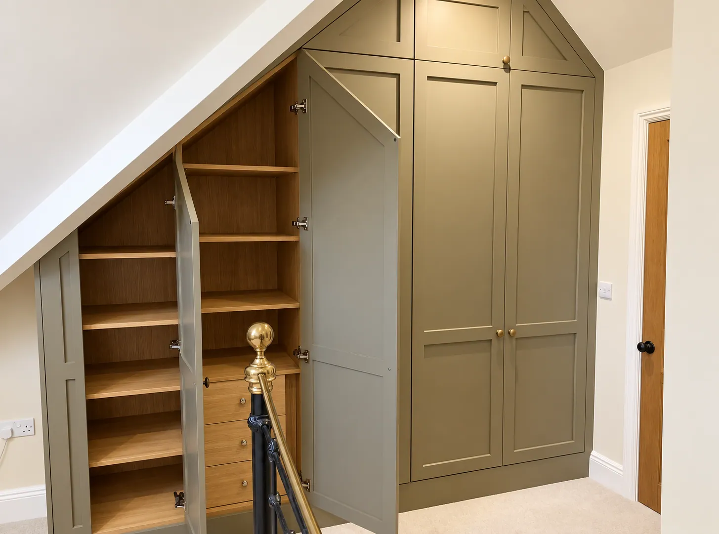 Sage-green wardrobes built into the eaves, Cambridge